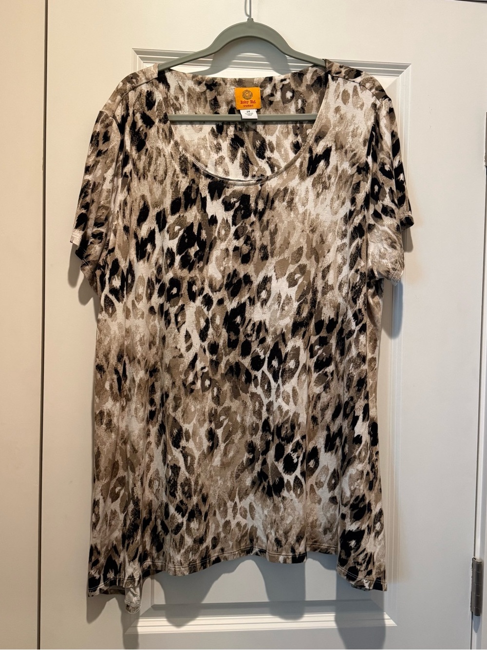 Ruby Rd. Women’s 2X Short Sleeve Top Tunic Black Brown Animal Print